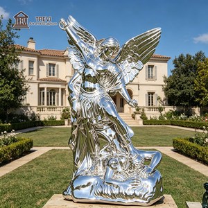 Statue de Saint Michel en acier inoxydable miroir grandeur nature TREVI |   Sculpture de l'archange vainquant Satan pour l'église et le jardin - Product Image 3