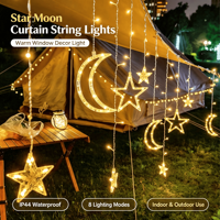 Guirlande lumineuse étanche étoiles et lunes, 8 modes, lumière chaude, pour décoration de fenêtre, camping, mariage, fête, extérieur