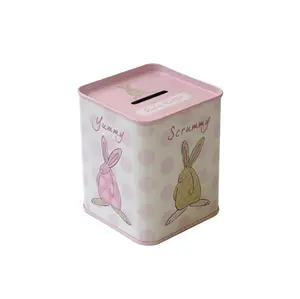 Customized printed cute metal charity donation box large empty coin bank square tin money box