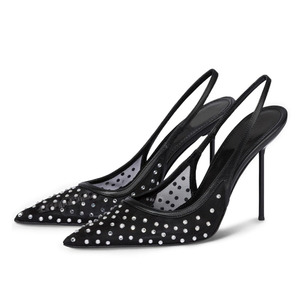 Sandalias de malla transpirable sexys para mujer con tira trasera, tacones altos y delgados, zapatos de tacón de aguja con pequeños diamantes de imitación, estilo slingback para vestir - Product Image 2