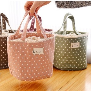 Linda bolsa térmica de algodón y lino con lunares para lonchera tipo bento con paquete de hielo, estilo coreano, en colores rosa, verde, morado y café. - Product Image 2