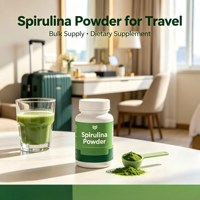 Poudre de spiruline certifiée Halal en marque blanche, supplément alimentaire en vrac personnalisé avec une durée de conservation de 24 mois