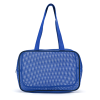 Sac de rangement cosmétique portable en maille respirante bleu foncé, durable et personnalisé, pour le maquillage et la douche en voyage