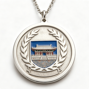 Medalla de aleación de zinc plateada con diseño de templo en relieve, esmalte duro, artesanía circular de recuerdo - Product Image 6