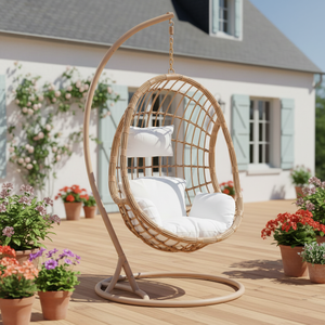 Sedia a Dondolo da Esterno Moderna con Telaio in Metallo e Cuscino Impermeabile, Cesto in Vimini Intrecciato per Balcone, Cortile, Villa - Product Image 1