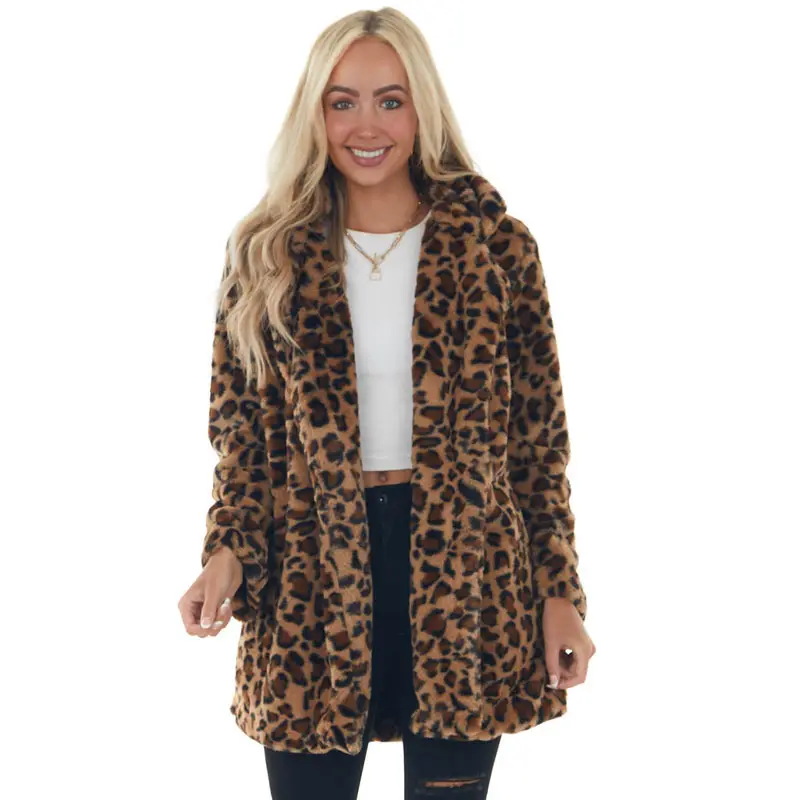 Wholesale Plus Size Trend Trimmed Leopard Print Jacket Winter Women Loose Fur Jacket Warm Coat