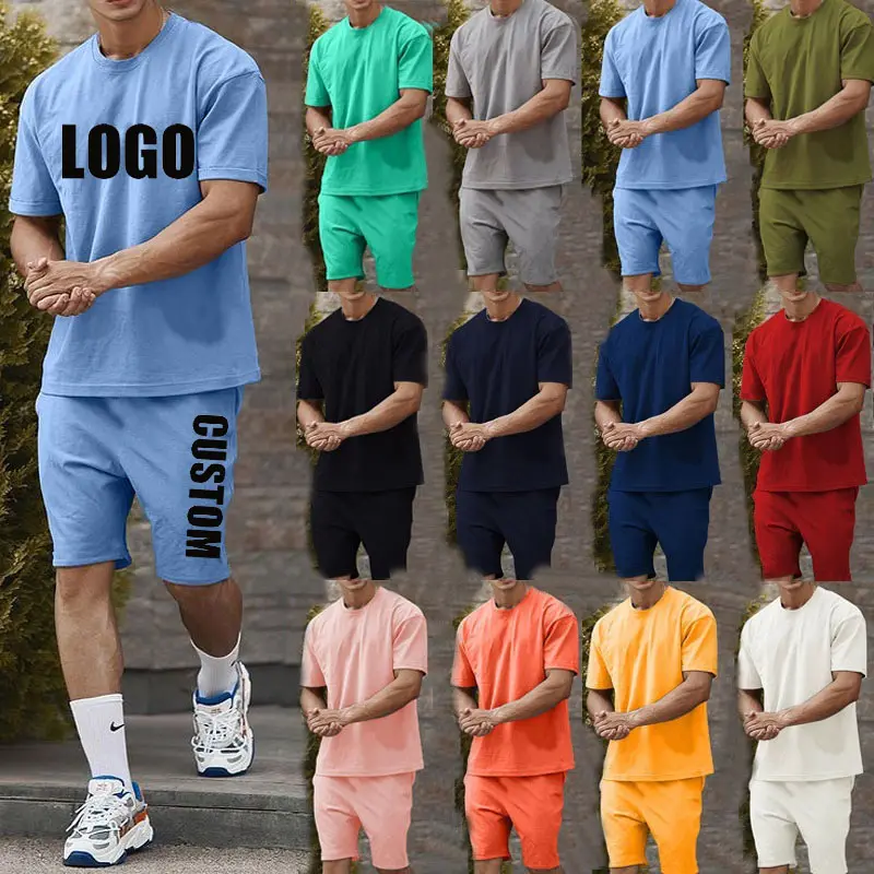 Im Freien plus Größe Herren Custom Logo gemacht Sport Kleidung Anzug Sommer einfarbig Mann zweiteilige Kleidung Baumwolle T-Shirt kurze Sets