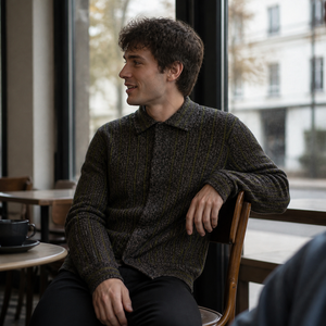 Chemise en tricot à rayures rétro pour <span class=keywords><strong>homme</strong></span>, veste à manches longues, col boutonné, <span class=keywords><strong>surchemise</strong></span> décontractée, pull pour <span class=keywords><strong>homme</strong></span>, vente en gros, logo personnalisé - Product Image 2