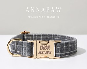 Laisse à carreaux gris, ensemble de chien personnalisé garçon, noeud papillon gravé pour collier de chiot pour cadeau de mariage, nom gratuit gravé - Product Image 1