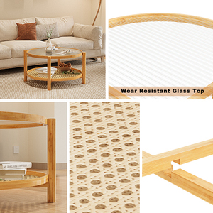 โต๊ะกาแฟหวาย 2 ชั้น ท็อปกระจกไม้ไผ่ โต๊ะกลมทันสมัยสำหรับห้องนั่งเล่น - Product Image 3