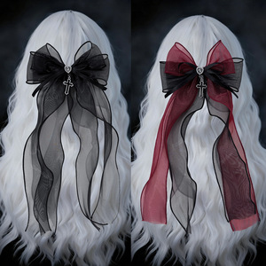 Pinzas para el pelo hechas a mano en negro y rojo, pasadores <span class=keywords><strong>de</strong></span> lazo <span class=keywords><strong>de</strong></span> malla gótica punk con cadena cruzada, accesorios geniales para el cabello <span class=keywords><strong>de</strong></span> mujer - Product Image 2