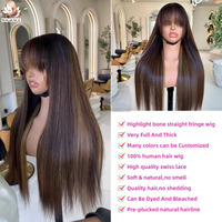 Perruque en cheveux humains vierges vietnamiens bruts, lisses et raides, avec frange, sans colle, prête à porter, avec closure en dentelle transparente