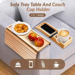 Plateau pliant en bambou pour canapé, organisateur de bras de canapé avec base rigide, table en bois pour repas, boissons et télécommande - Product Image 2