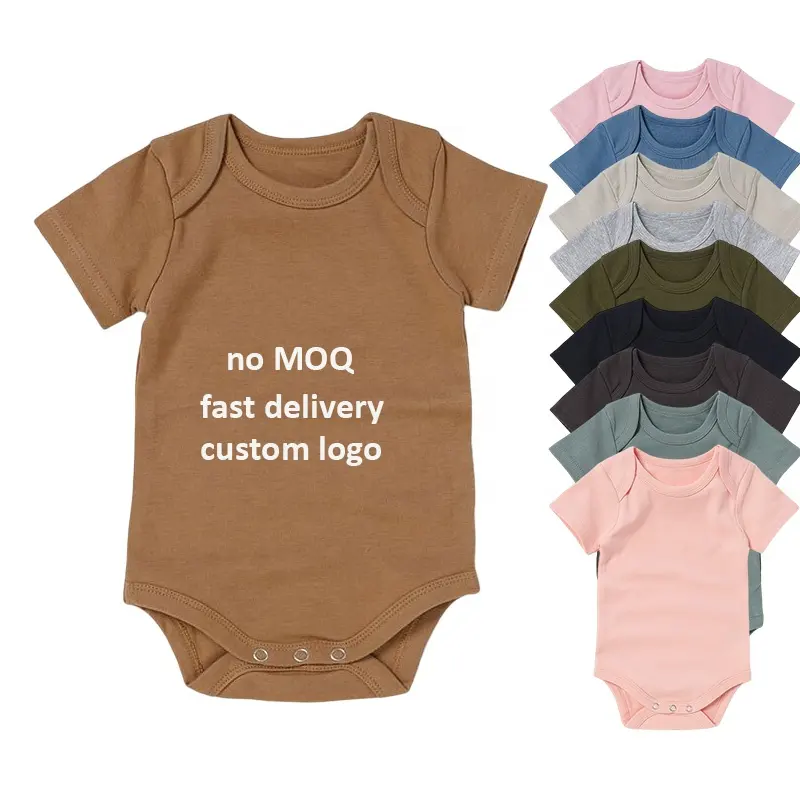 Hot Sale 100% Organic Cotton Short Sleeve Snap Crotch Solid Infant Baby Bodysuit Summer Short Romper