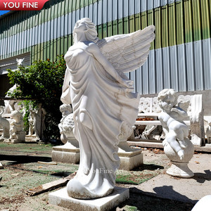 Jardín Tamaño real Tallado a mano Ángel de mármol natural con alas Escultura de Ángel de mármol - Product Image 6