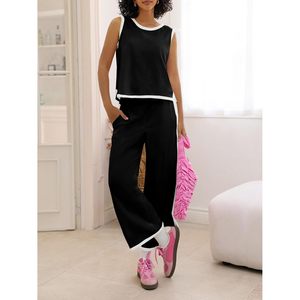 Ensemble de survêtement 2 pièces pour femme, été, sans manches, pantalon capri à jambes larges, couleurs contrastées, décontracté, respirant - Product Image 3