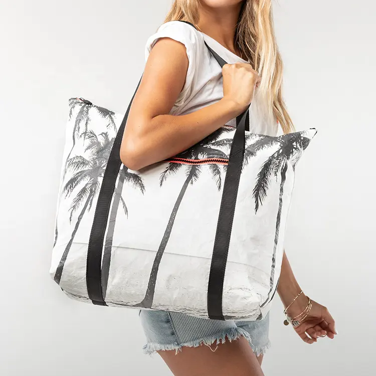 Custom printed logo wholesale nylon pvc eco friendly large big shopping black pink beach handbag women's tote bags with zipper