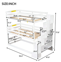 Lit superposé à trois niveaux avec escalier, plancher en bois, design trois-en-un, détachable, convertible en deux lits simples, lit mezzanine