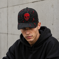 Zwarte schedel grafische luipaardprint 5-panel baseballcap rode versierde details gestructureerd paneel platte klep 100% katoen unisex gothic
