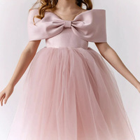 Robe de princesse rose en tulle à grand nœud et épaules dénudées pour filles, idéale pour les fêtes d'anniversaire, robe bouffante et mignonne