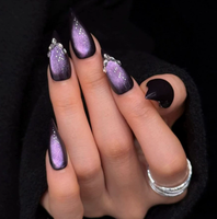 Faux ongles à presser en acrylique, motif œil de chat violet, forme carrée papillon, style stiletto moyen, faits main, réutilisables, personnalisables OEM ODM