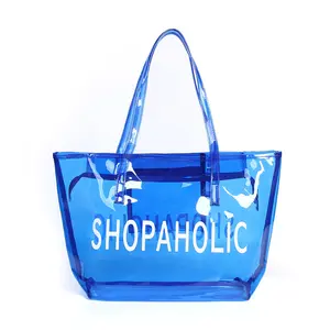 新款设计时尚透明PVC蓝色沙滩包甜美颜色透明女性手提袋夏季女童手提袋