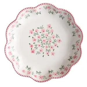Platos de cerámica con flores pequeñas para servicio profundo, vajilla rosa para restaurante, postre, ensalada, horno de 8,7 pulgadas, seguro, microondas