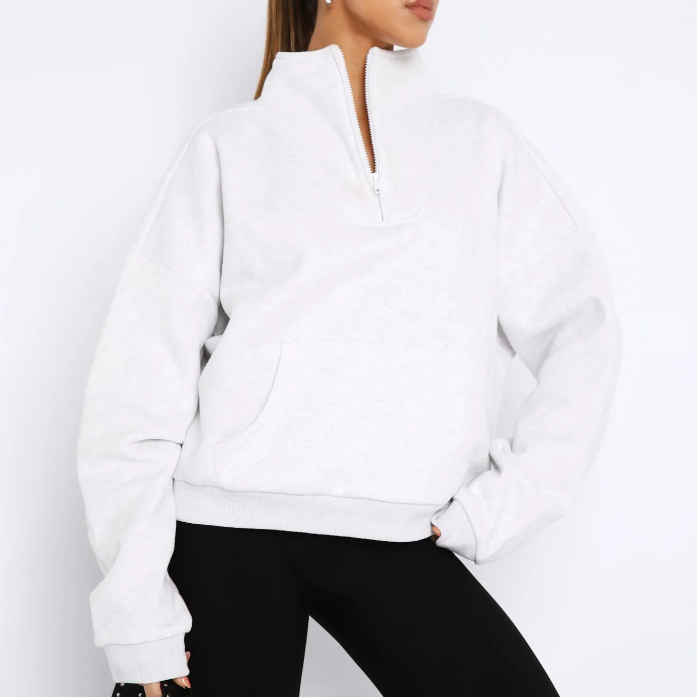 Produsen kaus pas ukuran besar hangat musim dingin lembut 1/4 ritsleting depan hoodie pullover ukuran besar bahu Drop wanita