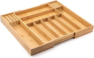 Expandable Utensil Holder and Cutlery Tray Bamboo Cutlery Tray Kitchen Drawer Organizer with Divider and <b>Removable</b> Knife Block - Product Image 4