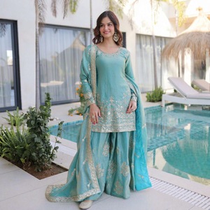 Ensemble de costume pakistanais brodé turquoise, tunique à manches longues, palazzo, dupatta, robe traditionnelle pour fête, mariage - Product Image 1