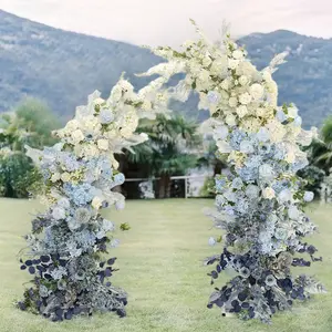 Simulasi Top Seller Lengkungan Bunga Tanduk Gradien Biru Putih Lengkungan Bunga Buatan untuk Dekorasi Lorong Pesta Ulang Tahun Pernikahan