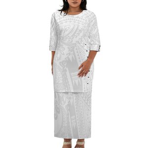 Luxus Design Samoan Puletasi Drop Shipping Frauen 2 Stück Set Kleid Druck Weiß Polynesian Tribal Puletasi Kleid - Product Image 2