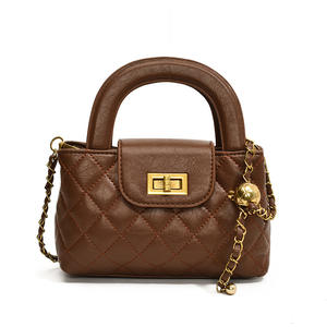 Brown <b>quilted</b> leather <b>handbag</b>, vintage style, metal chain embellishment, women's crossbody bag - Product Image 2