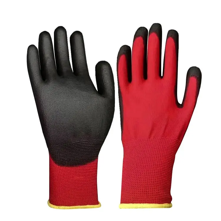 Factory direct wholesale oil resistance soft red nylon black safety work polyurethane dipping PU coated gloves with low price