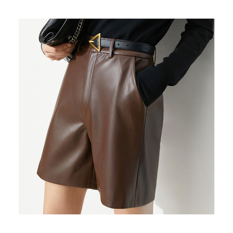 3620 Customized Leather Shorts Women Street Style Solid Color Casual Loose Brown Leather Shorts