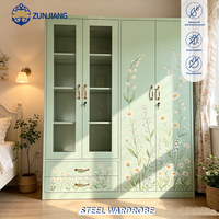 Armoire en acier verrouillable vert marguerite avec portes et tiroirs en verre, rangement de vêtements pour chambre à coucher