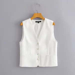 Vintage Design V-Ausschnitt Einreiher Frauen Weste weiße Farbe ärmellose Mode Slim Fit Jacken