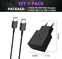 Cargador de Pared para Portátil USB-C PD GaN de 45W con Enchufe Europeo, Kit de Carga Rápida con Protección OTP, Cable Tipo-C Opcional de 1M, 1.5M, 2M