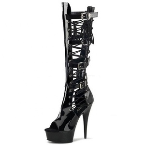 Bottes longues sexy à lacets et bout ouvert pour femme, plateforme, boucles métalliques, talons aiguilles, bottes hautes au genou, chaussures grande taille pour strip-teaseuses - Product Image 2