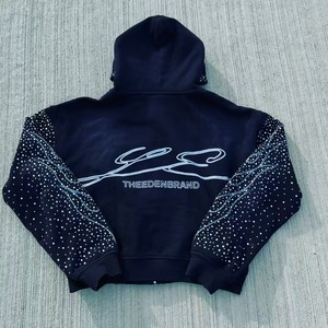 Sudadera con capucha de algodón de lujo al por mayor, personalizada, estilo streetwear, con estampado liso, de forro polar grueso, con lavado ácido, efecto desgastado por el sol, vintage, rasgada, con pedrería y cremallera - Product Image 1