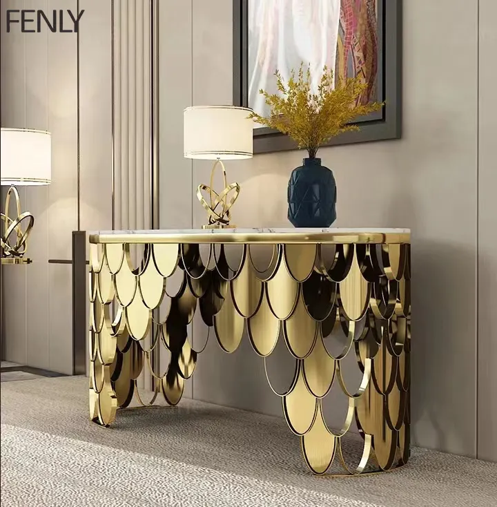 Special Design Metal Stainless Steel Fish Scale Base Cabinet Hotel Tables Marble Top Oval Center Console Table