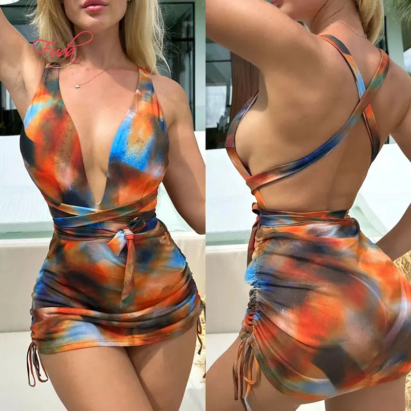 FUDA AC334 Hot New Sexy Printed Deep V-Neck One-Piece Bikini Beach Wear Side Tie Swimsuit For Women