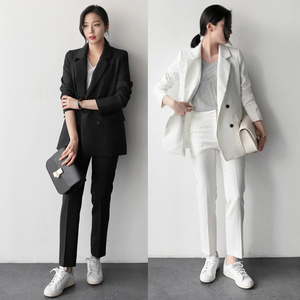 Nuovi completi da <span class=keywords><strong>donna</strong></span> coreani Blazer nero bianco grigio a righe con nove <span class=keywords><strong>pantaloni</strong></span> <span class=keywords><strong>donna</strong></span> doppio petto ufficio due pezzi completo <span class=keywords><strong>donna</strong></span> - Product Image 3