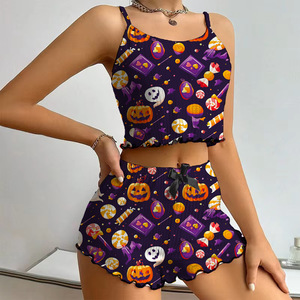 Côtelé Halloween imprimé sans manches haut à bretelles femmes costume fille chaude court Sexy jarretelle Shorts personnalisé vêtements de détente femmes ensembles - Product Image 3