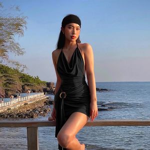 Sexy 2025 estate Cool ragazza Vestidos Y2K donne fasciatura plissettata <span class=keywords><strong>abiti</strong></span> Vintage marrone scollato <span class=keywords><strong>Mini</strong></span> abito senza schienale - Product Image 4