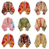Chaqueta Reversible Kantha 100% Algodón, Chaqueta Abierta con Estampado Floral Hecha a Mano, Detalle Acolchado a Mano, Proceso de Tejido No Tejido