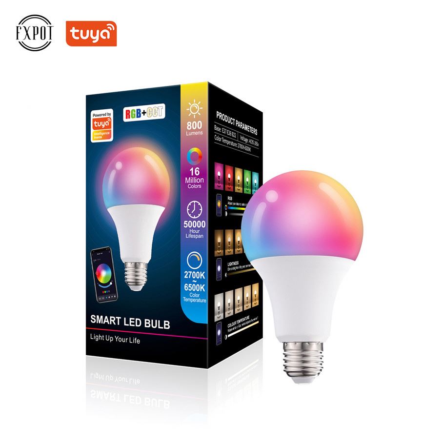 Fxpot 스마트 Led 라이트 2022 새로운 색상 변경 Tuya Alexa 램프 블루투스 전구 10W Rgb 다색 E27 Led 스마트 전구