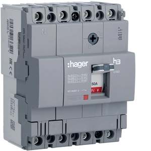 HDA051L ปรับแต่งได้ด้วยเซอร์กิตเบรกเกอร์แบบหล่อขึ้นรูปของ Hagers รุ่น h3 x160 TM 4P 18kA 50A - Product Image 1