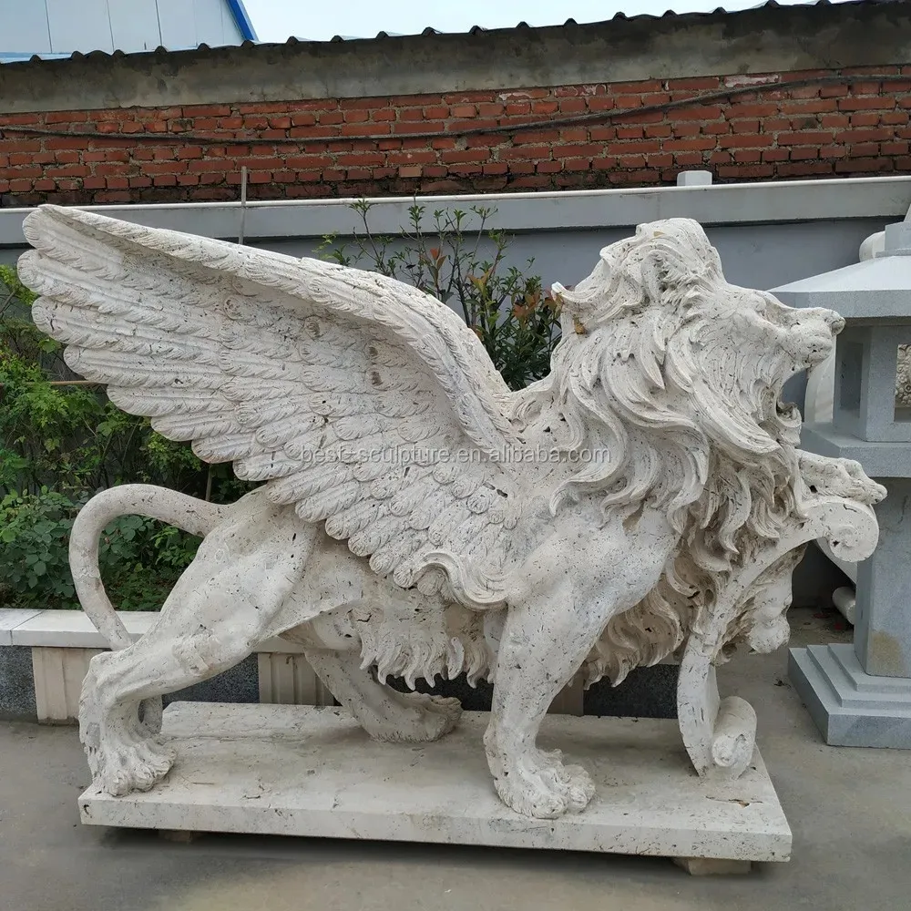 पंखों वाली मूर्ति मूर्तिकला के साथ आउटडोर जीवन आकार ट्रैवर्टीन शेर