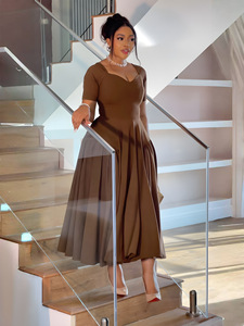 Mùa Hè Đôi Bên Nối Pleated Phụ Nữ Ăn Mặc V Cổ Ngắn Tay Áo A-Line Không Thường Xuyên Dài Ăn Mặc Mỏng Phù Hợp - Product Image 3